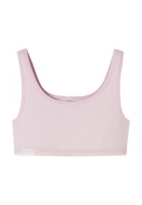 Light pink bralette with a smooth texture, wide straps, and a scoop neckline. Features a simple design and elastic hem for comfort.