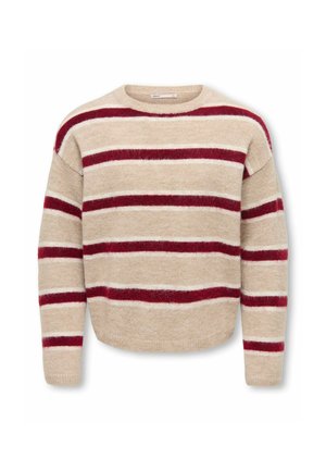 Beiger Pullover mit dicken horizontalen bordeauxroten und dünnen weißen Streifen, langen Ärmeln und rundem Ausschnitt.