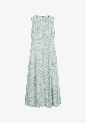 Robe longue sans manches avec base vert clair et motif floral et feuillage blanc complexe, encolure ronde et taille ajustée.