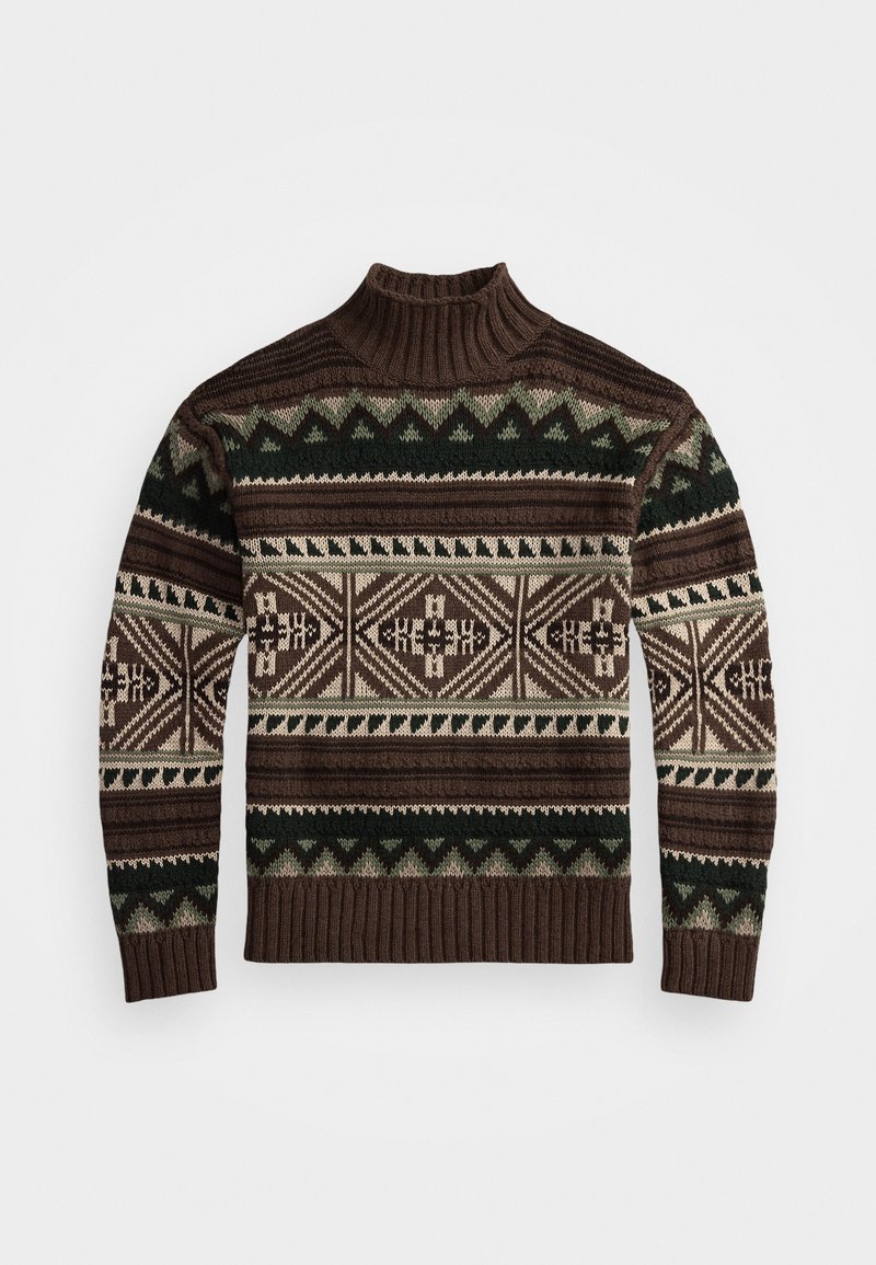 Stickad tröja med hög krage, brun bas med gröna, krämfärgade och mörkbruna geometriska och alpina mönster, ribbade muddar och fåll.