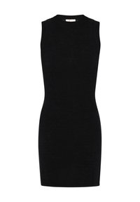 Abito nero senza maniche con silhouette aderente, realizzato in tessuto morbido, caratterizzato da un collo rotondo e costruzione senza cuciture.