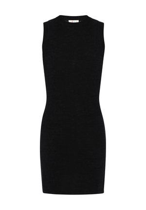 Čierne bezrukávové šaty s priliehavým strihom, vyrobené z mäkkej látky, s okrúhlym výstrihom a bezšvovým spracovaním.