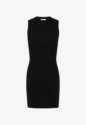 Čierne bezrukávové šaty s priliehavým strihom, vyrobené z mäkkej látky, s okrúhlym výstrihom a bezšvovým spracovaním.