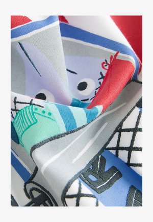 Colorful fabric featuring various cartoonish designs with intricate patterns, including shades of red, blue, green, and gray. Soft texture.