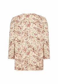 Beige dlouhý rukáv bunda s růžovým a hnědým květinovým vzorem, rovného střihu, zobrazená zezadu na bílém pozadí.