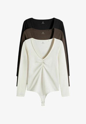 Langærmede bodystockings i hvid, brun og sort. Har v-udskæring, midter-læg og trykknaplukning i bunden.