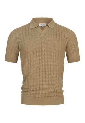 Beige kortermet strikket poloskjorte med V-hals og strukturert åpent strikkemønster, merket størrelse medium.