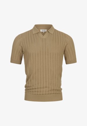 Beige kortermet strikket poloskjorte med V-hals og strukturert åpent strikkemønster, merket størrelse medium.