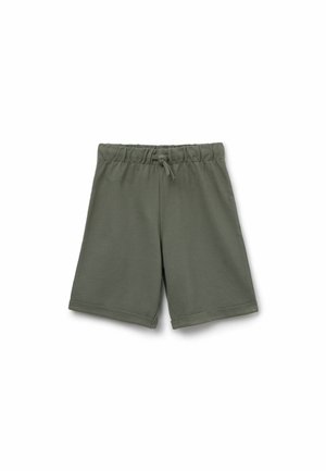 Khaki groene shorts van zachte stof, met een elastische tailleband met een koord en opgerolde zomen. Eenvoudig, op maat gemaakt ontwerp.