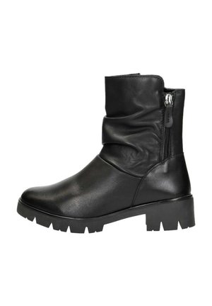 Zwarte leren enkelboots met een slouchy ontwerp, zijrits, dikke zool en een gladde textuur. Geschikt voor casual of weerbestendig gebruik.