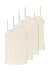 Four light beige tank tops with thin straps, made of soft fabric, featuring straight hems and a simple, seamless design.