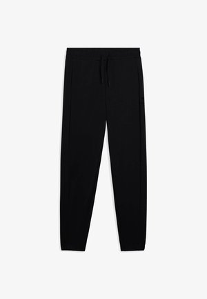 Pantalon de jogging noir avec taille et poignets élastiques, poches avant et fermeture à cordon de serrage.