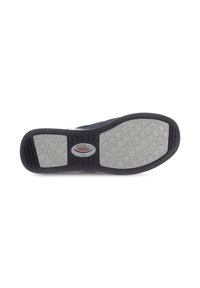 Suola di scarpa nera con fondo in gomma grigia testurizzata e motivo a diamante, inclusi un logo centrale e linee di accentuazione per una migliore aderenza.