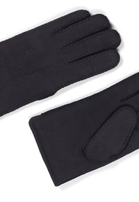 Svarta handskar med en mjuk textur, strukturerad design med tre fingrar, stickningsdetaljer på toppen och en förstärkt palmsektion för grepp.