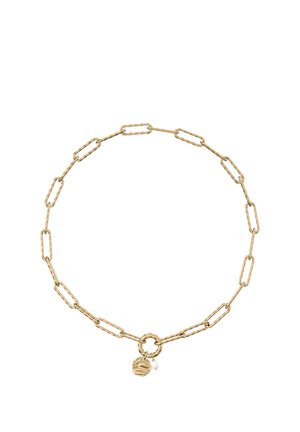 Gold chain necklace with large rectangular links, featuring a textured circular clasp and two small hanging charms, one gold and one pearl.