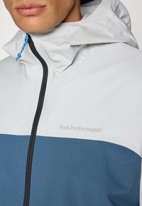 Veste gris clair et bleu marine avec capuche, fermeture éclair et logo de la marque. Fabriquée en tissu lisse avec une texture mate.