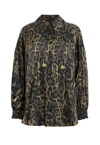 Chemise boutonnée à manches longues avec motif léopard noir et marron et poignets élastiques.