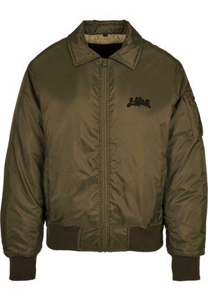 Olivgrüne Bomberjacke mit Reißverschluss, gerippten Bündchen und Saum sowie einem kleinen schwarzen Logo auf der Brust. Glatte, glänzende Stofftextur.