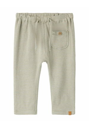Pantalon pour tout-petit doux à rayures beige et blanc avec taille élastique, cordon de serrage, petite poche boutonnée à l'avant et jambes droites.