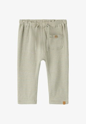 Zachte, gestreepte beige en witte peuterbroek met elastische taille, trekkoord, klein voorvakje met knoop en rechte pijpen.