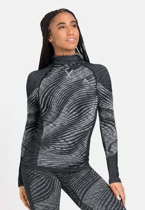 Long-sleeve athletic top in black and gray, featuring a textured pattern and high collar. Made from stretch fabric for active wear.