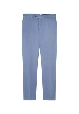 Helle blaue Hose aus glattem Stoff. Mit flachem Bund, Seitentaschen und einem Knopfverschluss mit Gürtelschlaufen. Taillierte Passform.