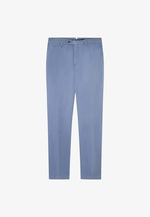 Lichblauwe broek van gladde stof. Heeft een vlakke voorkant, zijzakken en een knoopsluiting met riemlussen. Aansluitende pasvorm.