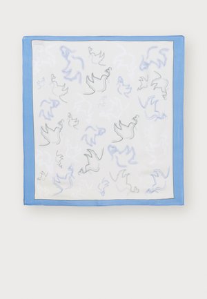 Silk square scarf featuring a white center with blue and gray abstract bird patterns, bordered by a light blue edge.