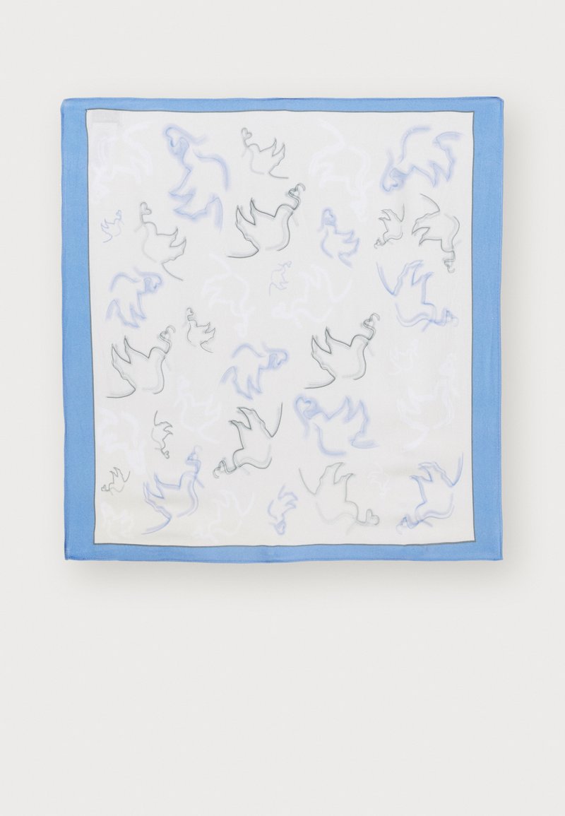 Silke firkantet tørklæde med en hvid midte, dekoreret med blå og grå abstrakte fuglemønstre og en kant af lyseblå.