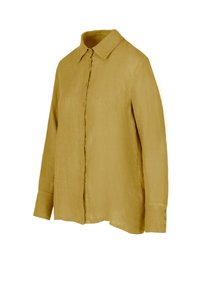 Camicia a maniche lunghe con colletto di un morbido colore senape, realizzata in tessuto leggero, con chiusura a bottoni e polsini con bottoni.