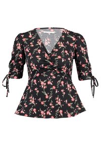 Blusa nera floreale con motivo di fiori rosa e verdi, corpo aderente, maniche corte a sbuffo e dettagli a fiocco ai polsini.