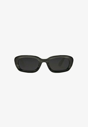 Black oversized sunglasses with a sleek rectangular frame and dark lenses. The frame has a glossy finish with rounded edges.