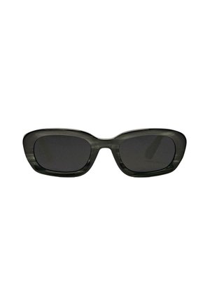 Cat-eye sunglasses with dark grey lenses, featuring a translucent black plastic frame and sharp geometric edges.