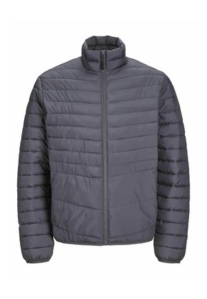 Giacca isolante grigia con motivo trapuntato orizzontale, collo alto e zip completa. Realizzata in materiale leggero, presenta polsini e orlo elasticizzati.