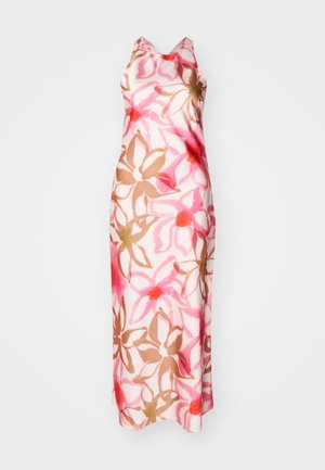 Abito maxi senza maniche, con motivo floreale in rosa e beige, scollatura a V, texture liscia e silhouette aderente, ideale per il clima caldo.