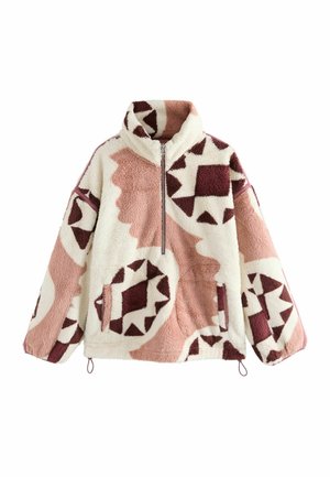 Fleece trøje med halv lynlås, høj krave, sidelommer og abstrakte geometriske mønstre i creme, lyserød og mørkerød.