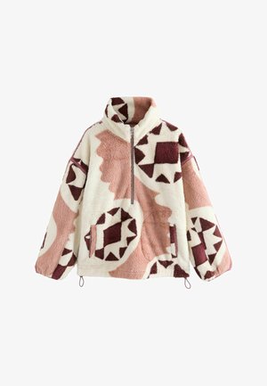 Bluza polarowa z półzamkiem, wysokim kołnierzem, bocznymi kieszeniami i abstrakcyjnymi geometrycznymi wzorami w kolorach kremowym, różowym i ciemnoczerwonym.