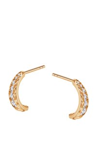 Złote kolczyki w kształcie obręczy z teksturowaną powierzchnią oraz przezroczystymi kryształami wzdłuż przedniej krawędzi. Zaprojektowane w kształcie półokręgu.