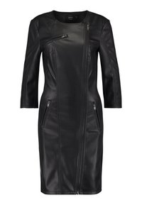 Schwarzes Lederkleid mit schlanker Passform, langen Ärmeln, einem diagonalen Frontreißverschluss und zwei seitlichen Taschen mit Reißverschluss.
