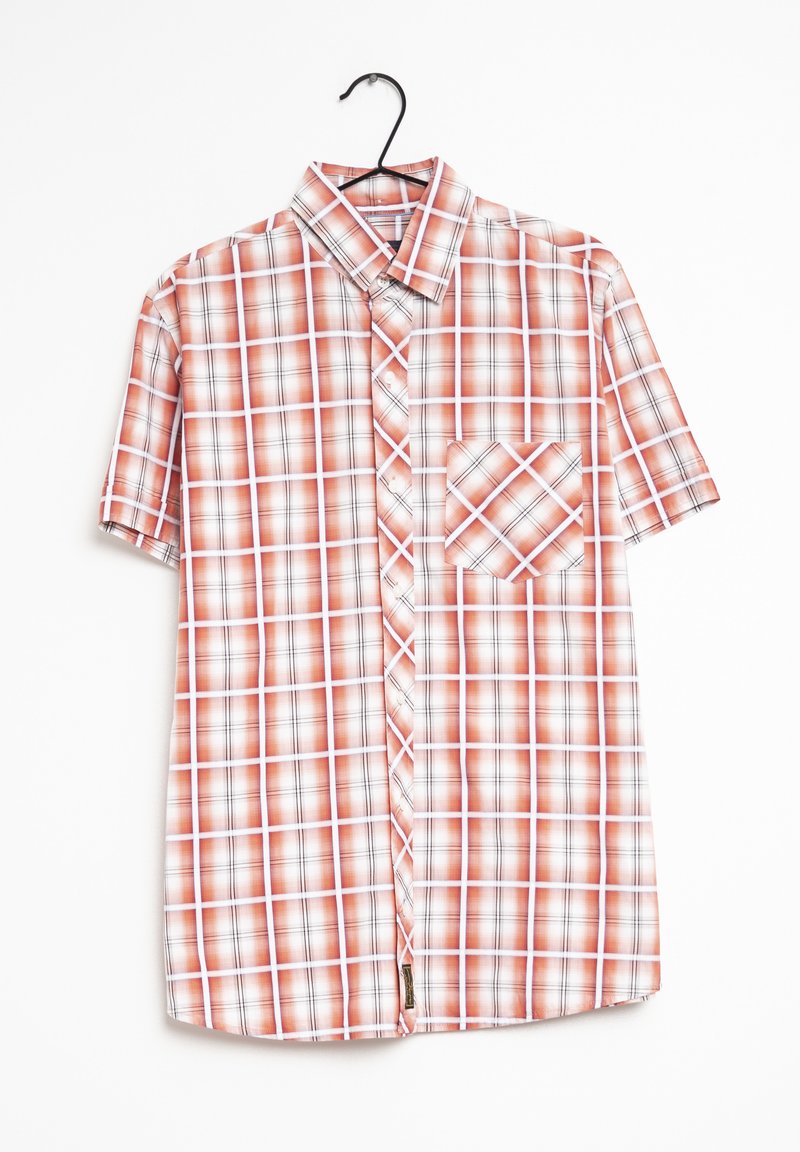 Chemise à manches courtes, motif à carreaux rouge et blanc, avec une poche plaquée, col, tissu lisse et ourlet droit.