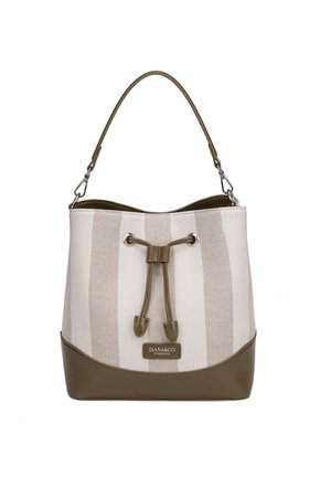 Sac seau rayé beige et taupe avec garniture en cuir, fermeture à cordon, poignée supérieure, et plaque logo "DIANA&CO FIRENZE".