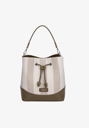 Beige and taupe striped bucket bag with leather trim, drawstring closure, top handle, and "DIANA&CO FIRENZE" logo plaque.