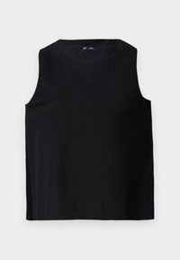 Black sleeveless top with a round neckline, made from a smooth fabric. Features a straight cut and clean hem, minimalistic design.