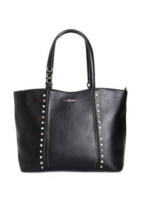 Borsa tote in pelle nera con accenti di borchie lungo i lati, finitura liscia, manici doppi e logo metallico sulla parte anteriore.