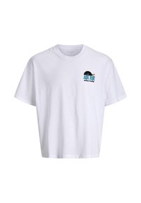 T-shirt bianca a maniche corte con piccola grafica di racchetta da ping pong blu e nera e scritta "PING PONG" sull'area sinistra del petto.