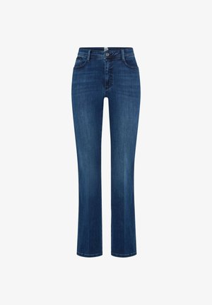 Jean en denim bleu foncé avec une coupe droite, comprenant cinq poches, une fermeture à bouton, et une texture lisse. Finition légèrement délavée.