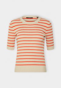 Strikket kortærmet sweater lavet af ribbet stof, der har vandrette beige og klare orange striber, rund halsudskæring og tætsiddende design.