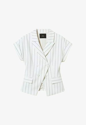 Blazer bianco a maniche corte con sottili righe verticali nere, doppiopetto con bottoni, rever a bavero con tacca e due tasche frontali con patta.