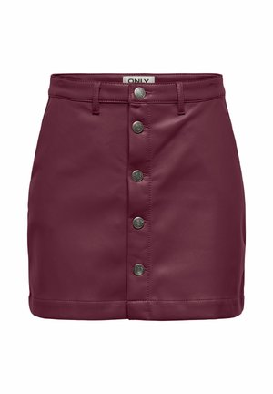 Bordowa spódnica z ekologicznej skóry z guzikiem z przodu, posiadająca pięć metalowych guzików, dopasowany krój oraz czysty wykończenie brzegu.