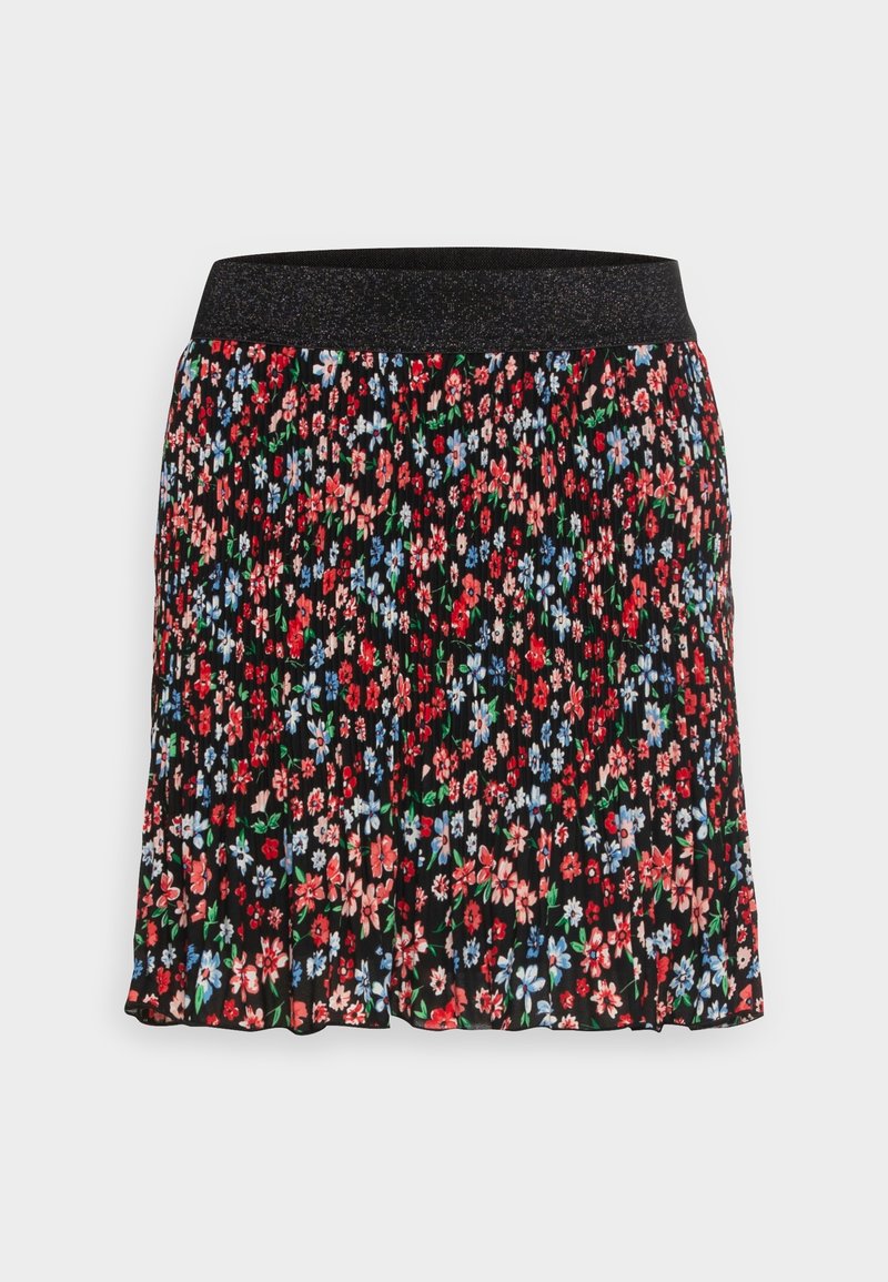 Jupe plissée noire avec une taille élastique scintillante noire, recouverte d'un motif floral dense de fleurs et de feuilles rouges, bleues, roses et vertes.